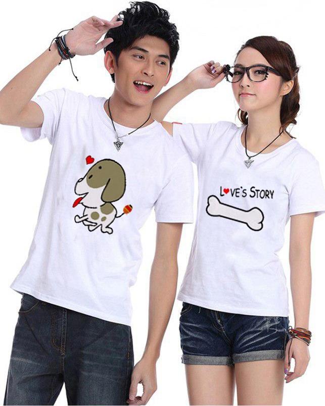 Bộ Áo Thun Đôi Love's Story Màu Trắng Nam Nữ