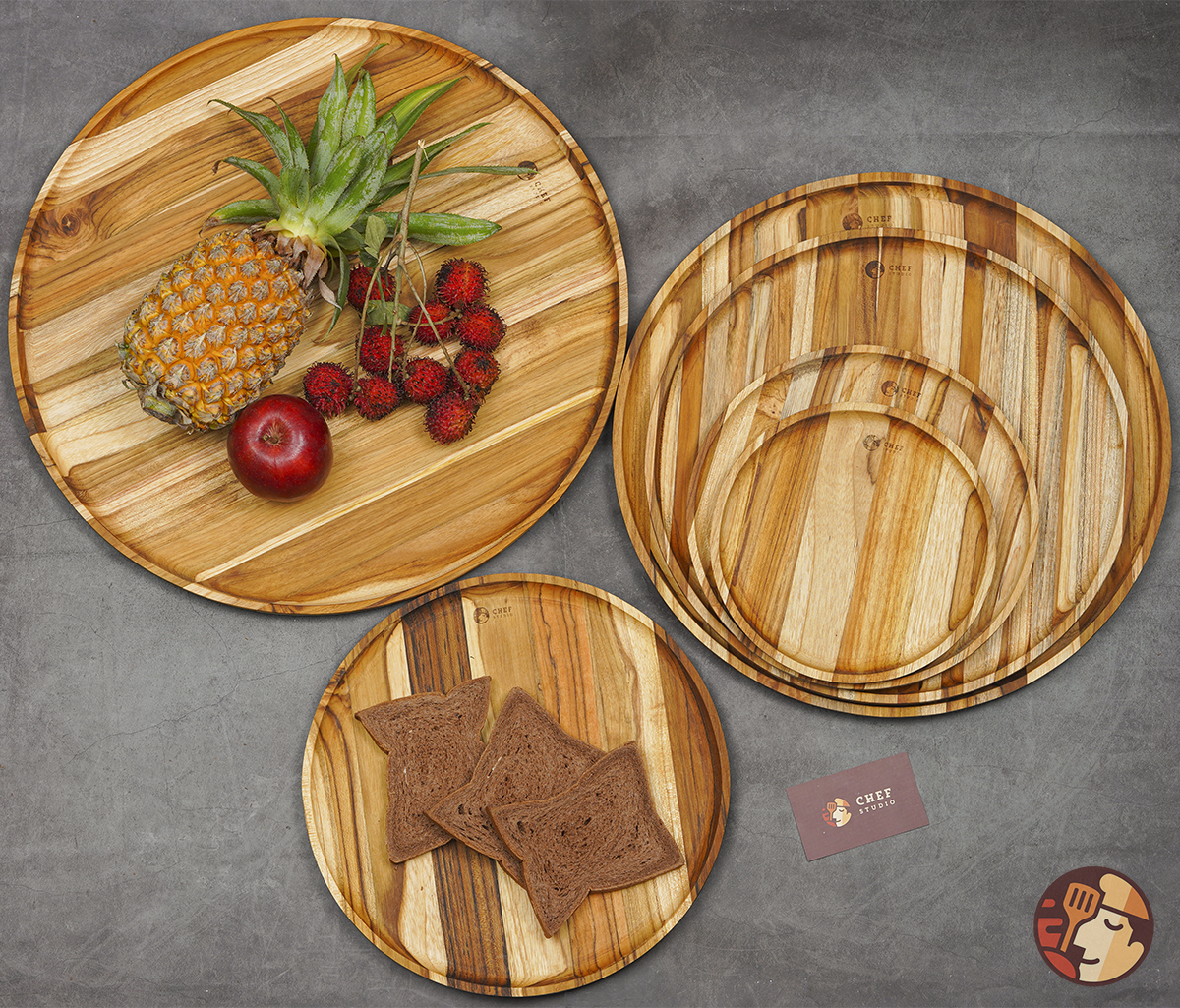 Khay gỗ Teak Chef Studio cao cấp hình tròn nhiều kích cỡ, dày 2 cm dùng decor, trang trí đồ ăn