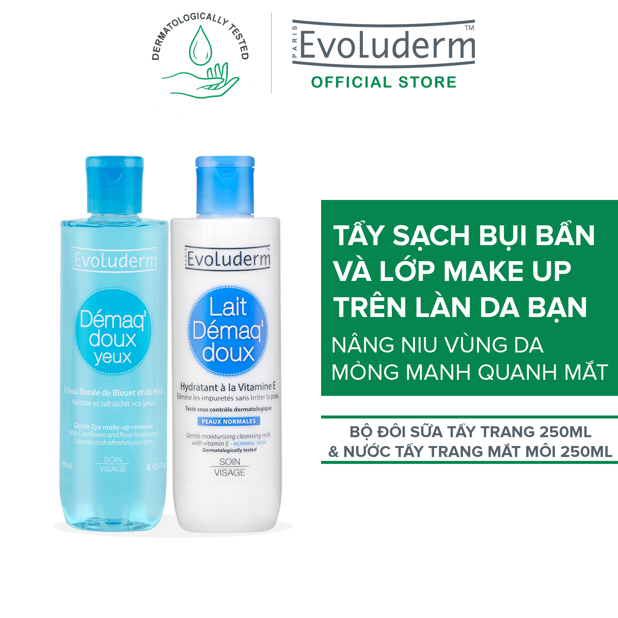 Bộ chăm sóc da Evoluderm Tẩy trang mắt môi 250ml và Sữa tẩy trang 250ml