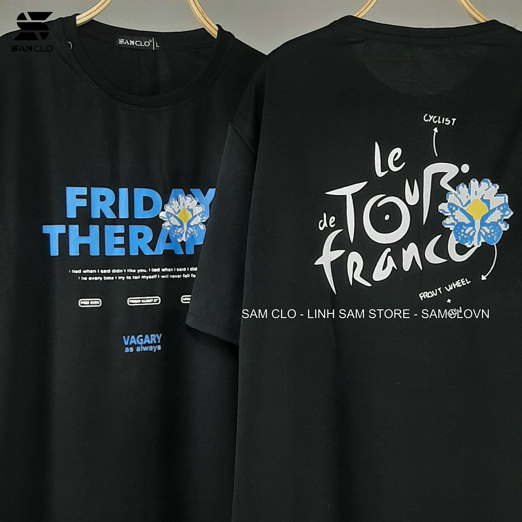 Áo thun tay lỡ nữ SAM CLO freesize - phông form rộng Unisex, mặc lớp, nhóm, cặp, in hình hoa cúc chữ FRIDAY THERAPY