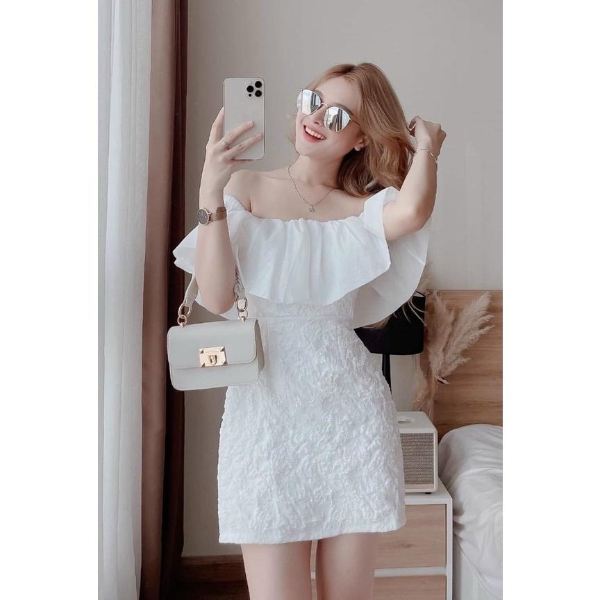 Váy đầm nữ body màu trắng trễ vai phối bèo voan