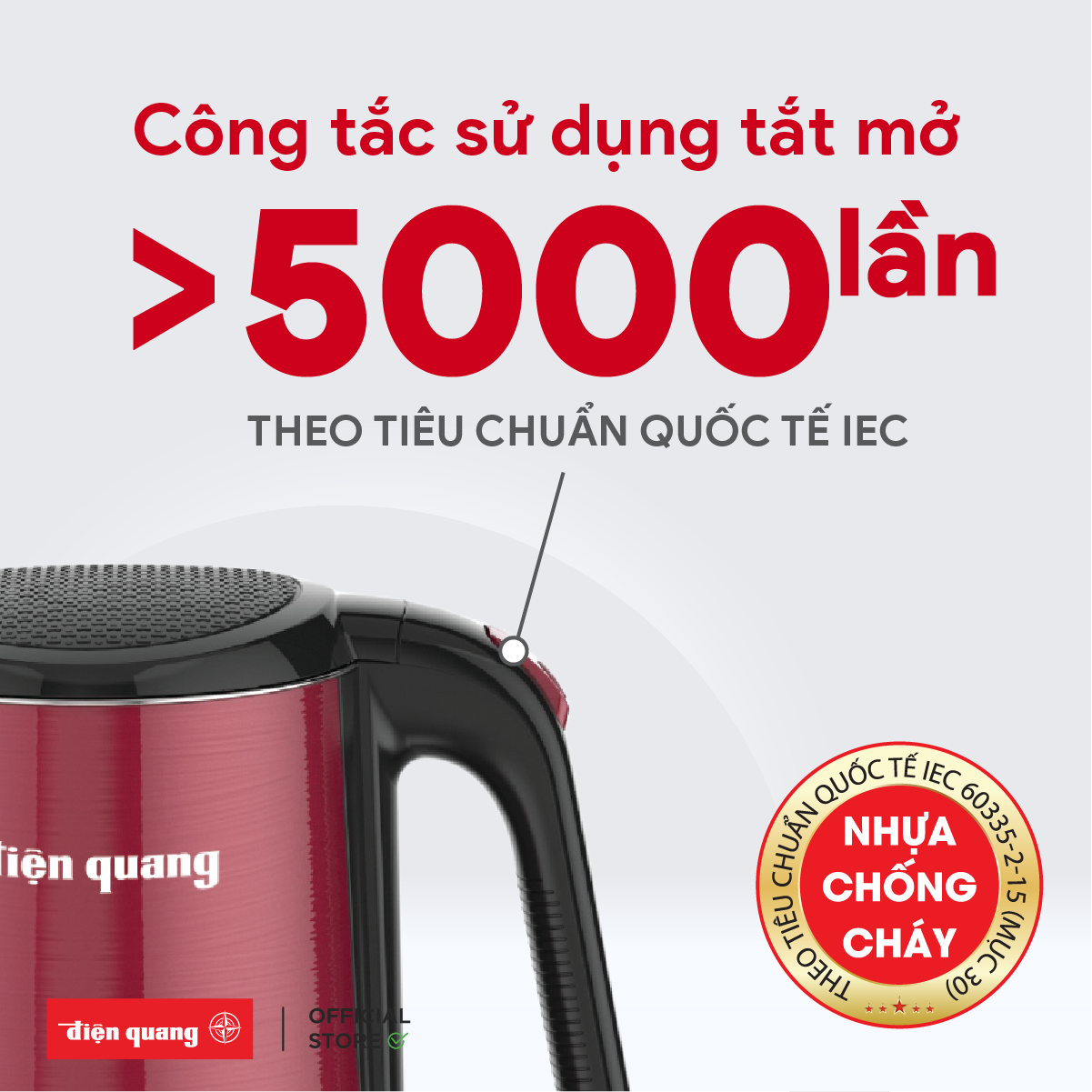 Ấm đun nước cao cấp Điện Quang ĐQ EKT08 1818 (1800W, 1.8L, inox 304, vỏ 3 lớp) - Hàng chính hãng