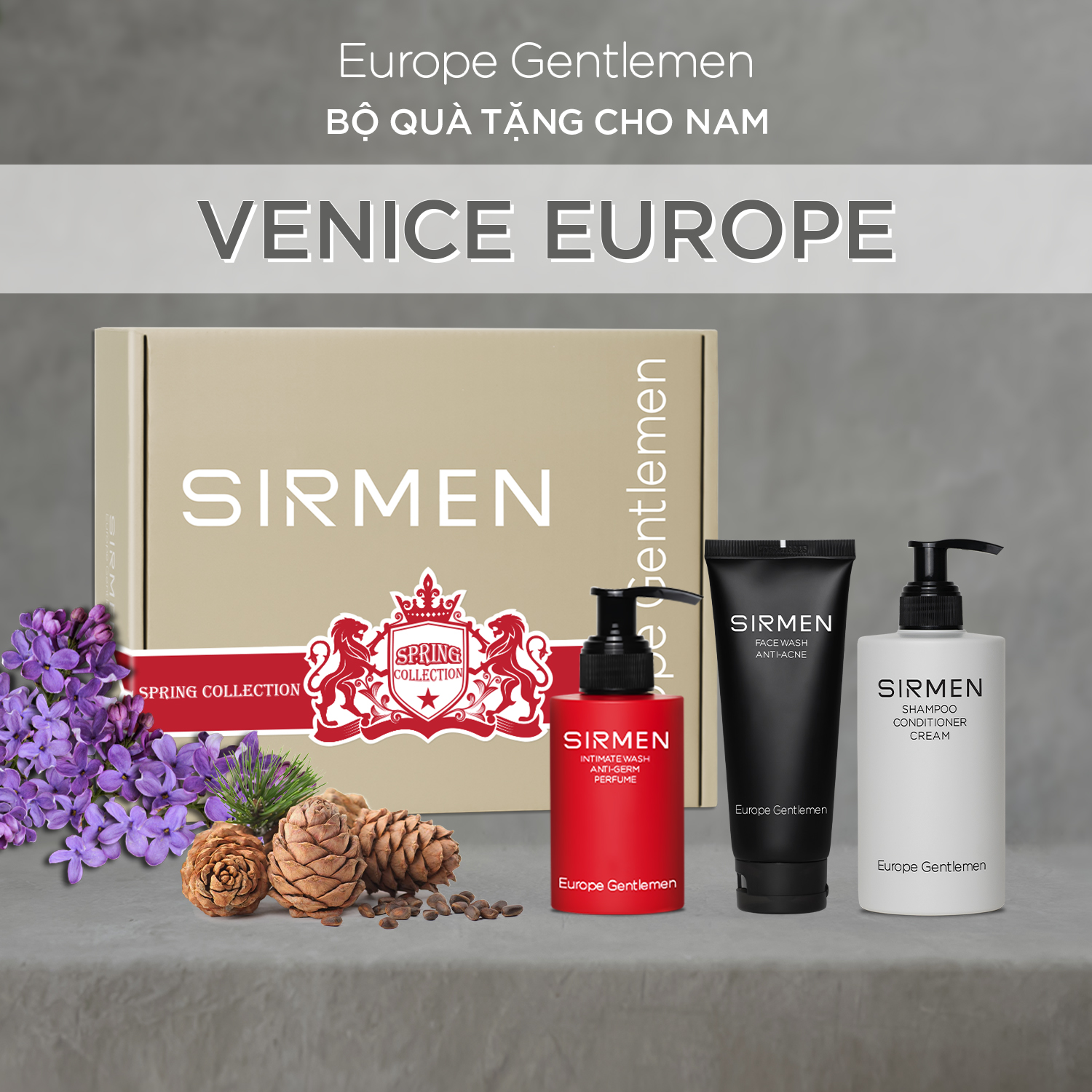 GIFTBOX combo 3 - Venice Europe Sữa rửa mặt nam 2in1 100g Dầu gội nam 3in1 320g và Dung dịch vệ sinh nam 3in1 100g hương nước hoa châu Âu SIRMEN Europe Gentlemen chiết xuất tự nhiên công nghệ EU-Nano