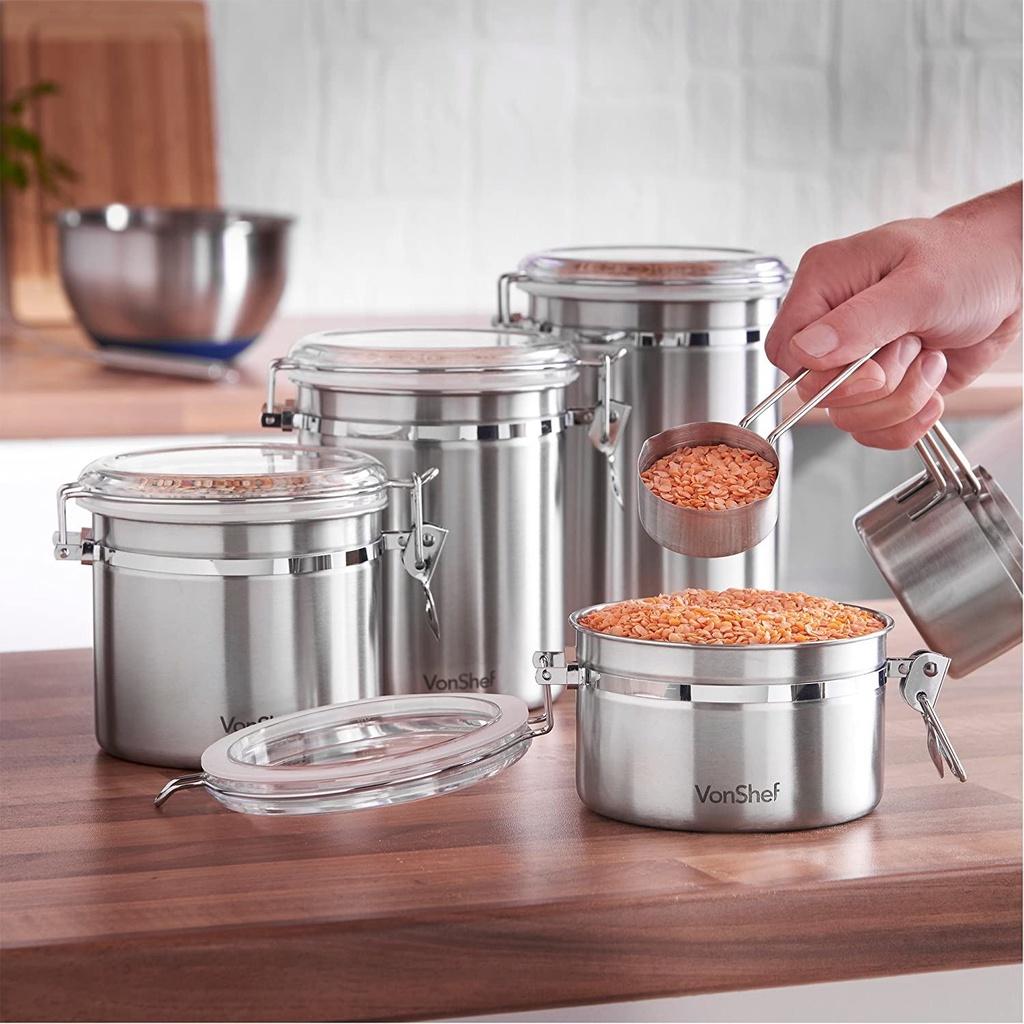 Set 4 Hộp Đựng Đồ Khô Vonshef, Chất Liệu Inox, Khóa Nắp Kín, Hộp Đựng Đồ Khô, Đựng Thực Phẩm, Nhập Đức