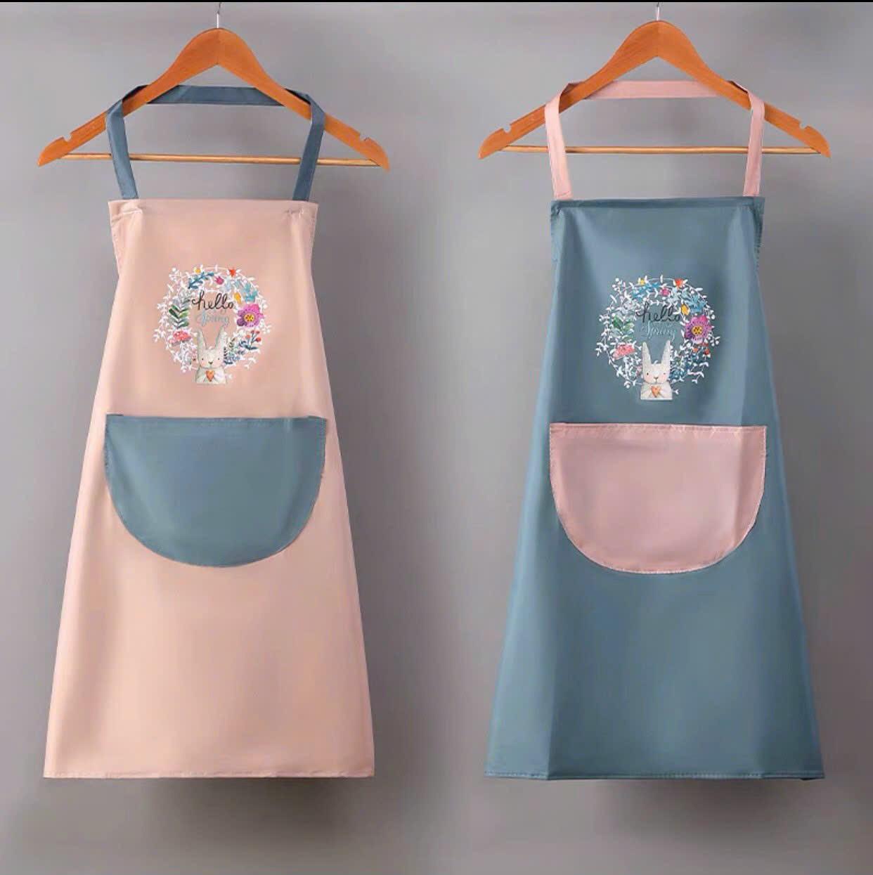 Tạp Dề Hello Spring Con Thỏ Có Túi Đựng Và Chỗ Lau Tay - Tạp Dề Phong Cách Hàn Quốc - Đa Năng Tiện Dụng