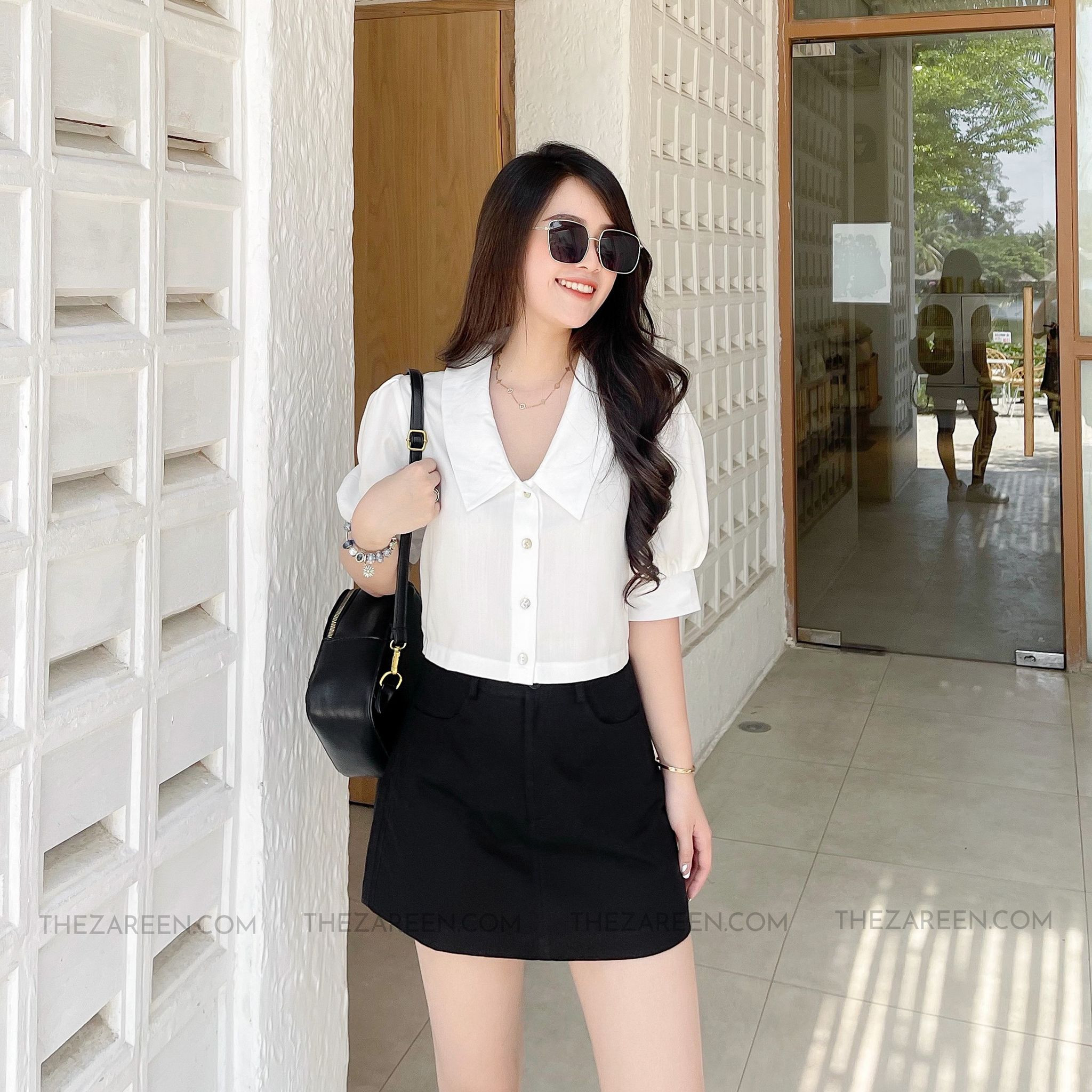 ÁO SƠ MI CROPTOP CỔ NHỌN SOM47