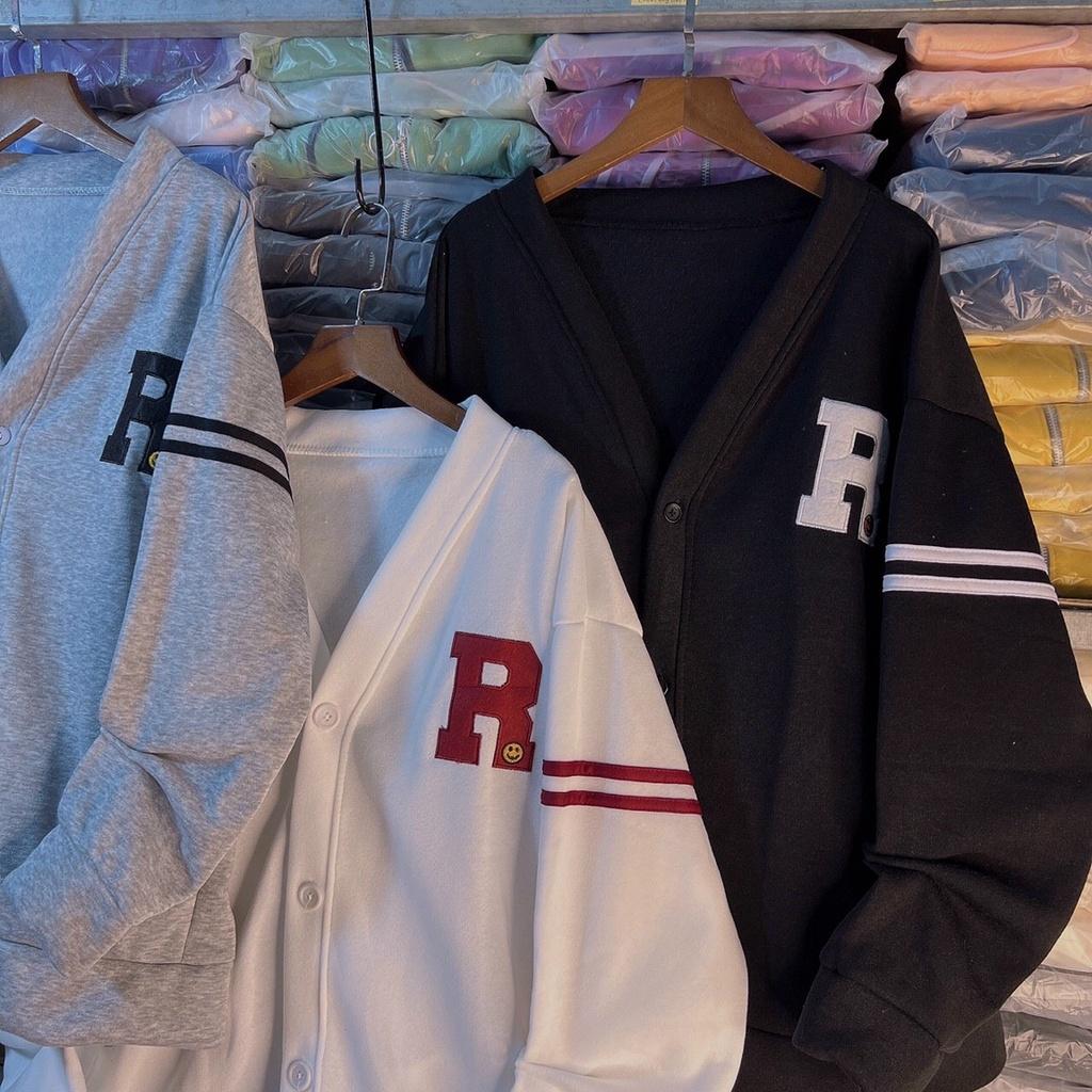 Áo Khoác Cardigan Bomber Nỉ Bông IN LOGO R Sọc Viển Tay Form Rộng Basic Nam Nữ Unisex Ulzzang