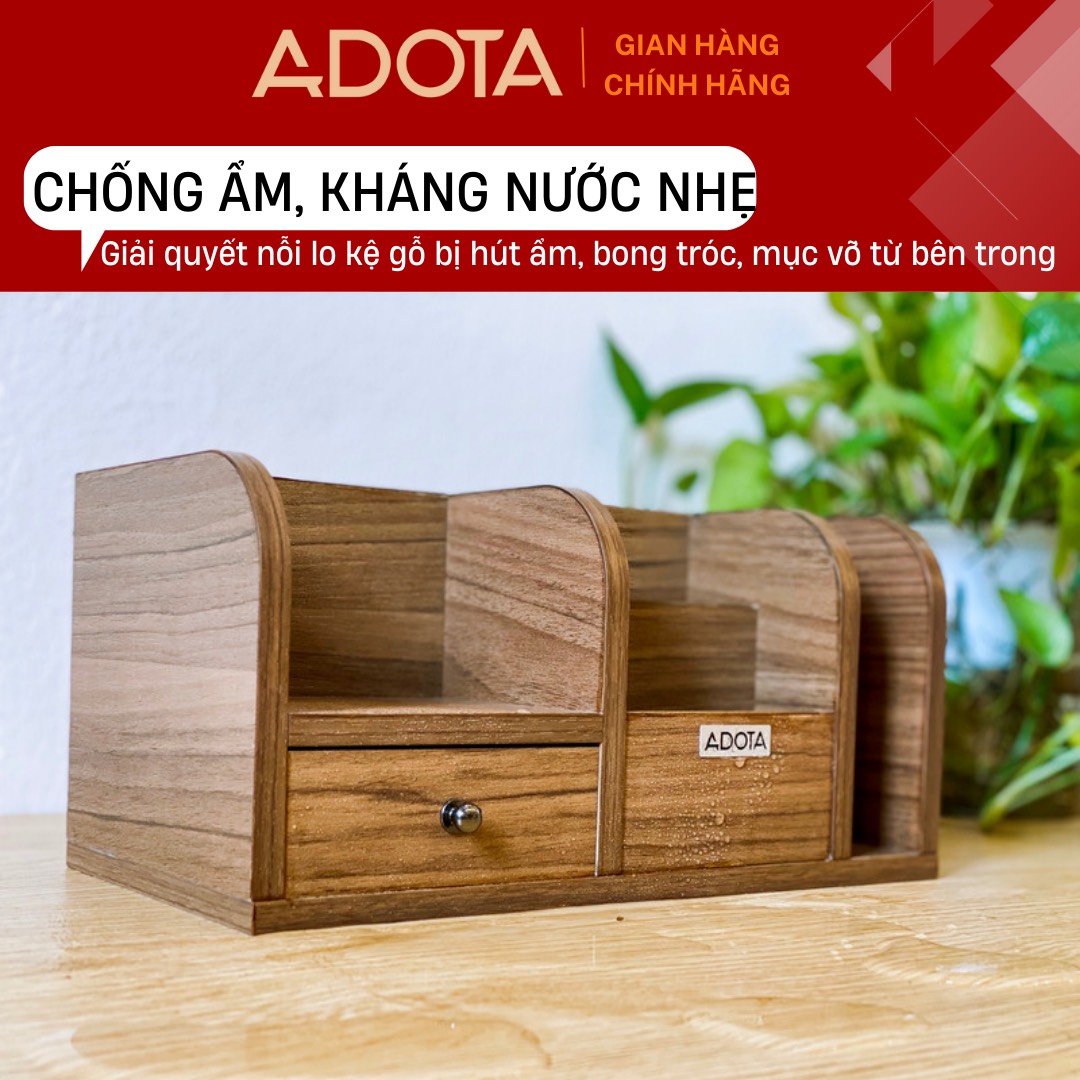 Combo: Kệ gỗ để bàn và hộp cắm bút đơn bằng gỗ để bàn làm việc cao cấp phong cách sang trọng ADOTA