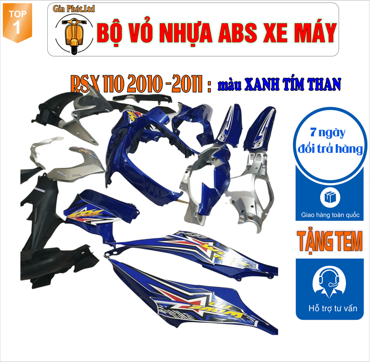 [TẶNG TEM] Dàn áo xe WAVE RSX 110 nhựa nguyên sinh ABS cao cấp màu XANH TÍM THAN  đời 2010 -2011