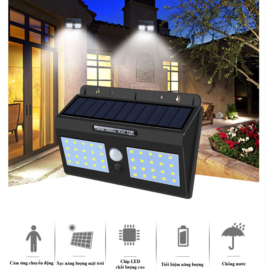 Bộ 2 cái đèn cảm ứng năng lượng mặt trời 14W - cảm biến chuyển động hồng ngoại gắn tường ngoài trời 60 bóng led - IP 65
