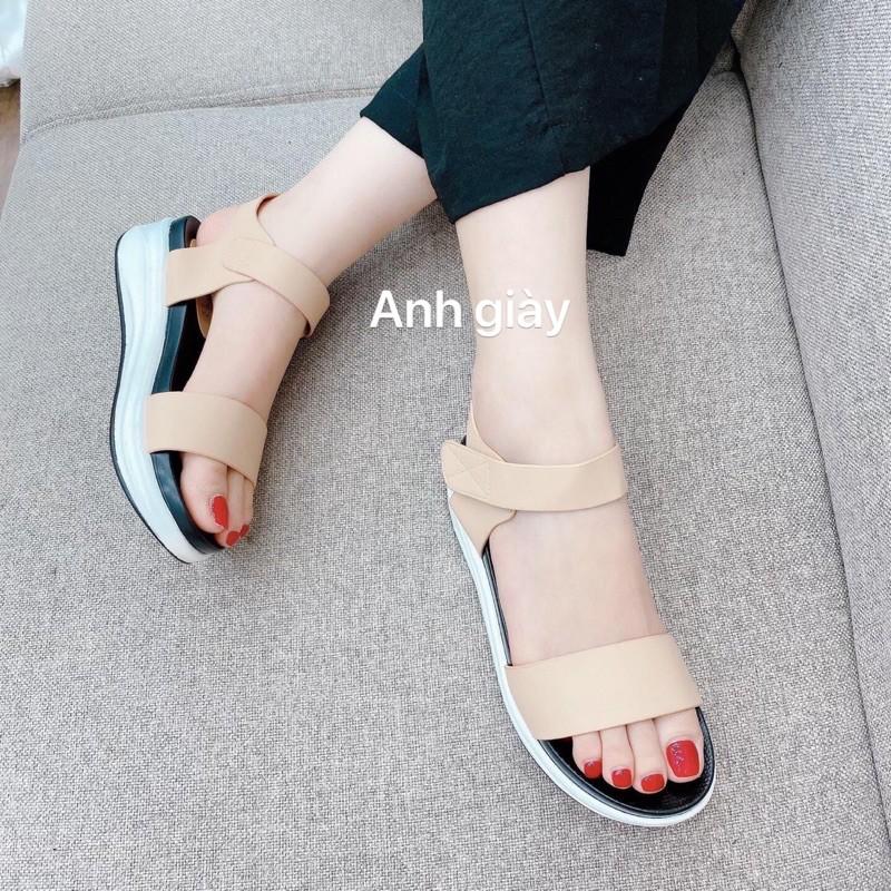 SD19 - Sandal xuồng quai ngang da lì đế bằng 4p nhẹ êm hàng xuất, đế kháng nước,3 màu đen, kem ,trắng ảnh thật kèm video