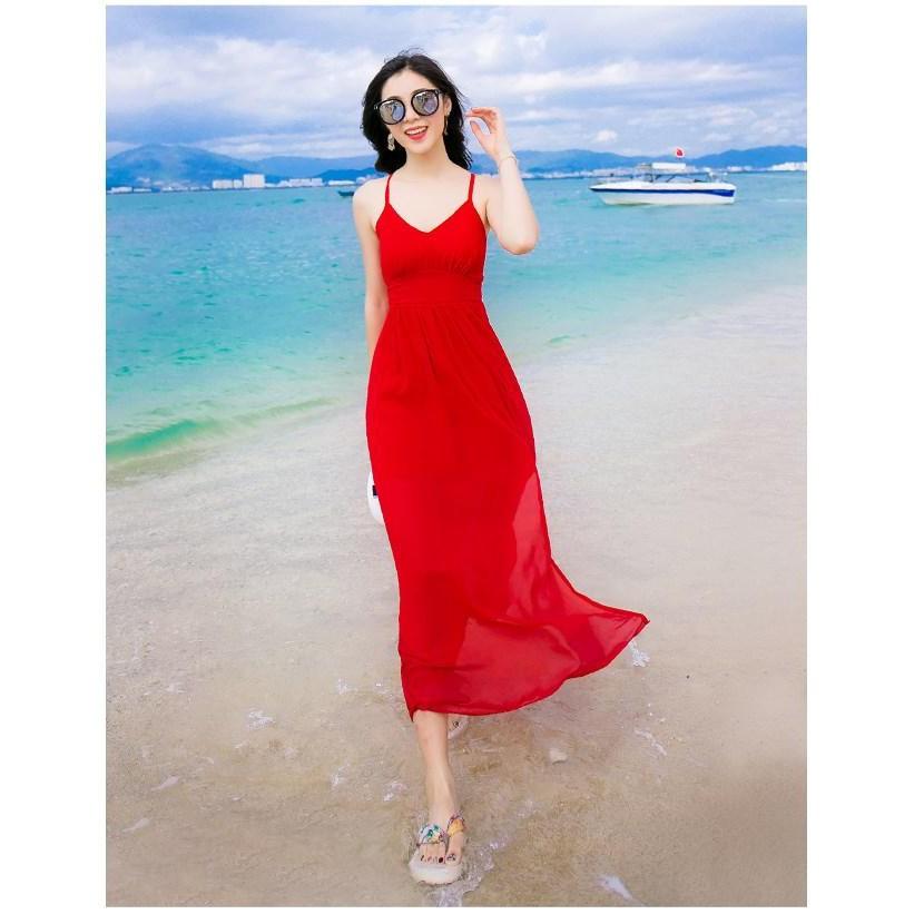 Đầm maxi dự tiệc hoặc đi biển cao cấp đan dây lưng phù hợp phong cách mùa hè có 3 màu như hình