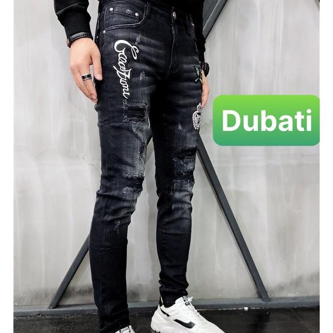 Quần Jeans Nam Chất Bò Đen, Quần Baggy Nam Đen Thêu Hình Mèo Hoa Wash Rách - DB 450- DUBATI FASHION