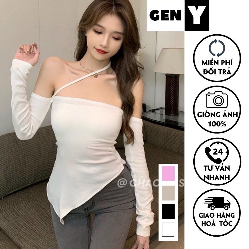 Áo Croptop Ôm Trễ Vai Tay Dài Dây Chéo GenY Áo Kiểu Nữ Hở Vai Chéo Tà Chất Len Tăm Phong Cách Hàn Quốc Siêu Xinh