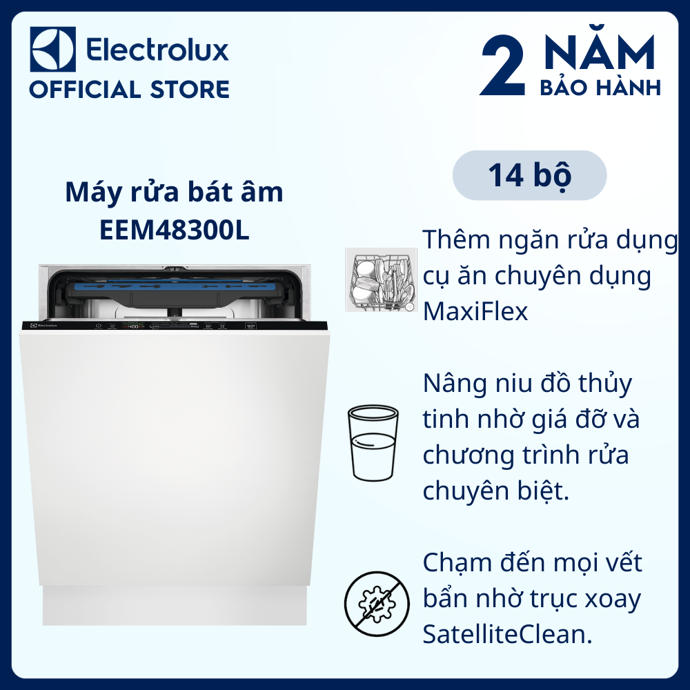 Máy rửa bát âm Electrolux UltimateCare 700 EEM48300L 60cm cho 14 bộ chén đĩa, ngăn rửa dụng cụ ăn chuyên dụng [Hàng chính hãng]