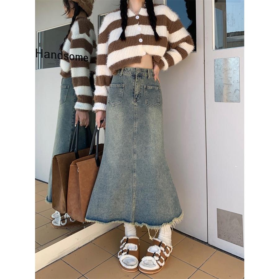 Chân váy jean đuôi cá EMIX, ulzzang, dáng dài midi, cạp cao, 2 túi trước phong cách hàn quốc 6832