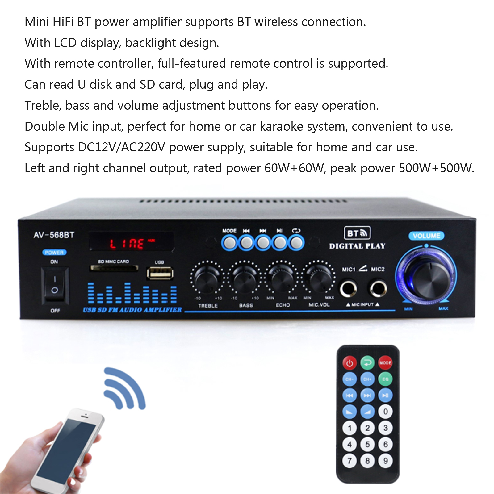 Máy nghe nhạc MP3 có Bộ khuếch đại âm thanh nhỏ 12V / 220V có Thẻ nhớ Khe cắm, Màn hình LCD
