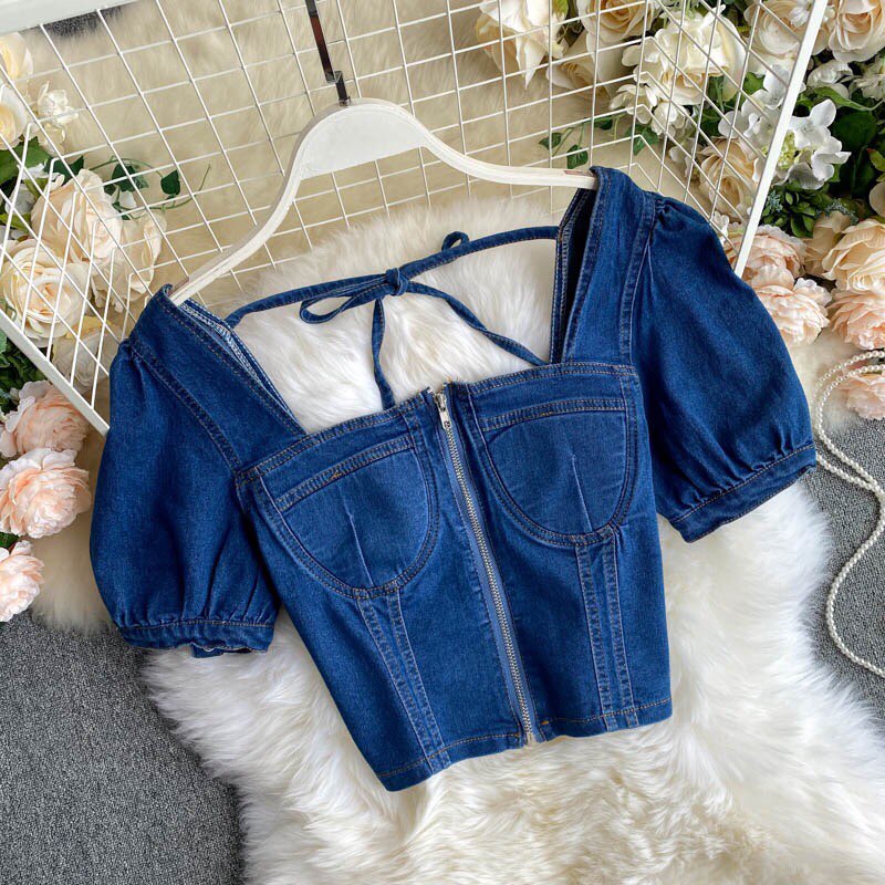 Áo denim dáng ngắn cổ vuông tay bồng - Hàng cao cấp