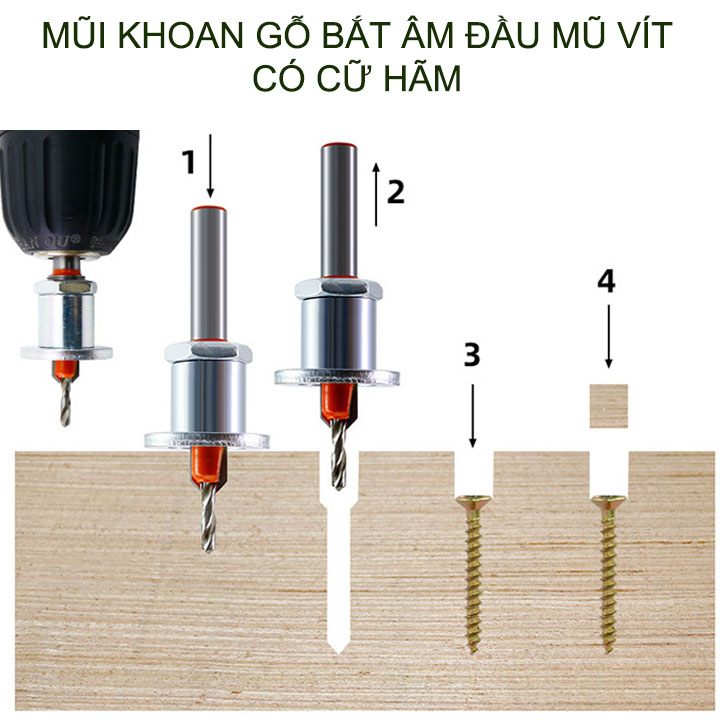 Mũi khoan gỗ bắt âm đầu mũ vít, loại có cữ hãm, đầu âm 10mm, nhiều kích cỡ cho khách lựa chọn