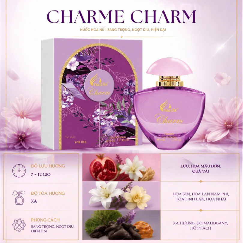 Nước Hoa Nữ Charme Charm 50ml Chính Hãng – Sang Trọng, Ngọt Dịu, Hiện Đại, Lưu Hương 7–12 Giờ