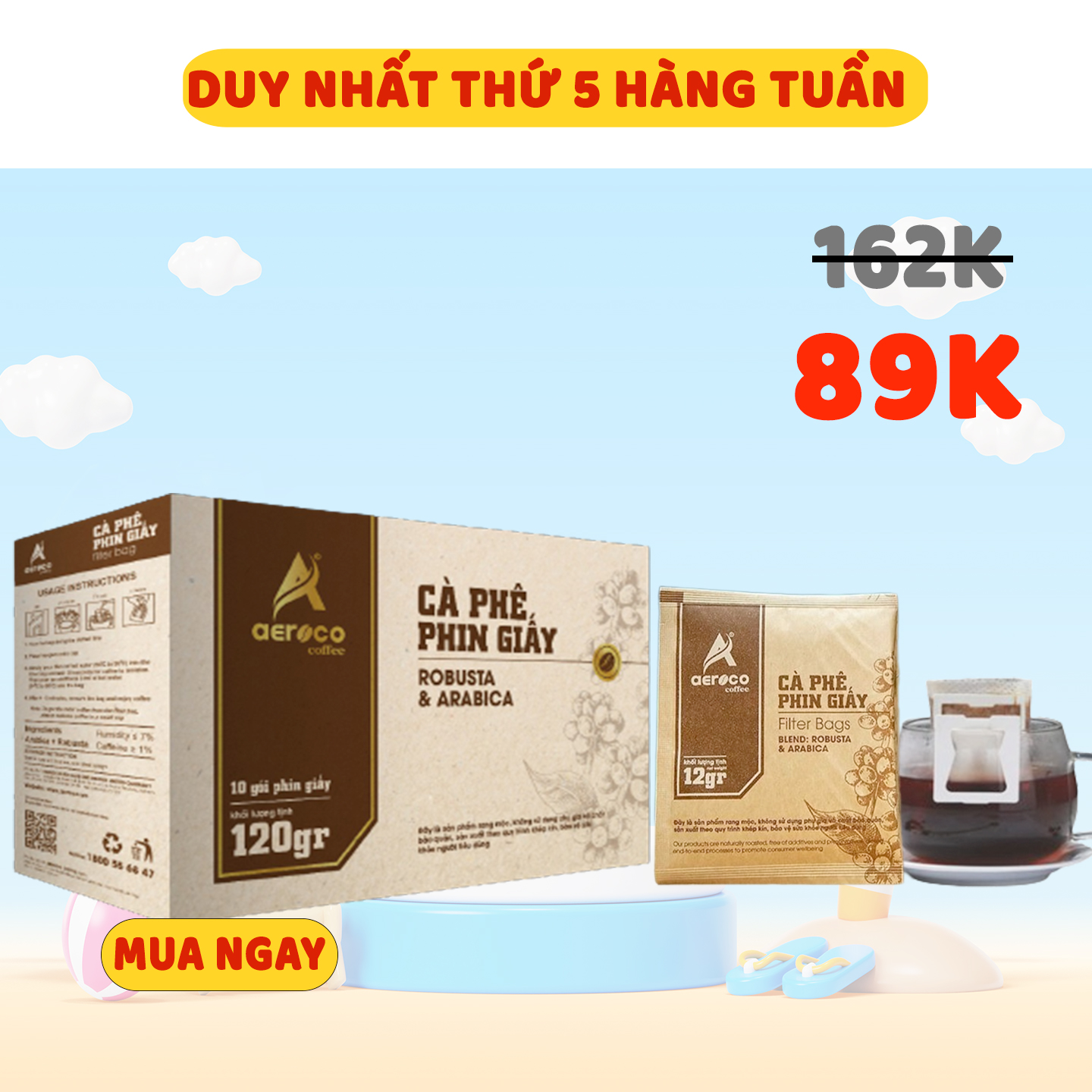 [Hộp 10 túi*12g] Cà phê phin giấy AEROCO nguyên chất 100% rang mộc hậu vị ngọt thơm quyến rũ