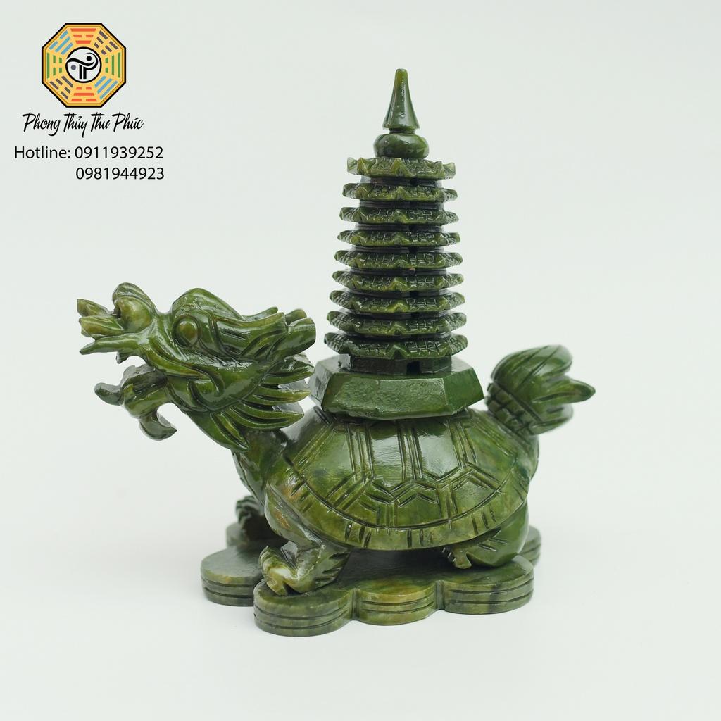 Tượng Long Quy cõng tháp văn xương 9 tầng , đá sarphentine  màu xanh,Kích thước cao 18 x 17 x 10 cm, nặng 1,3kg