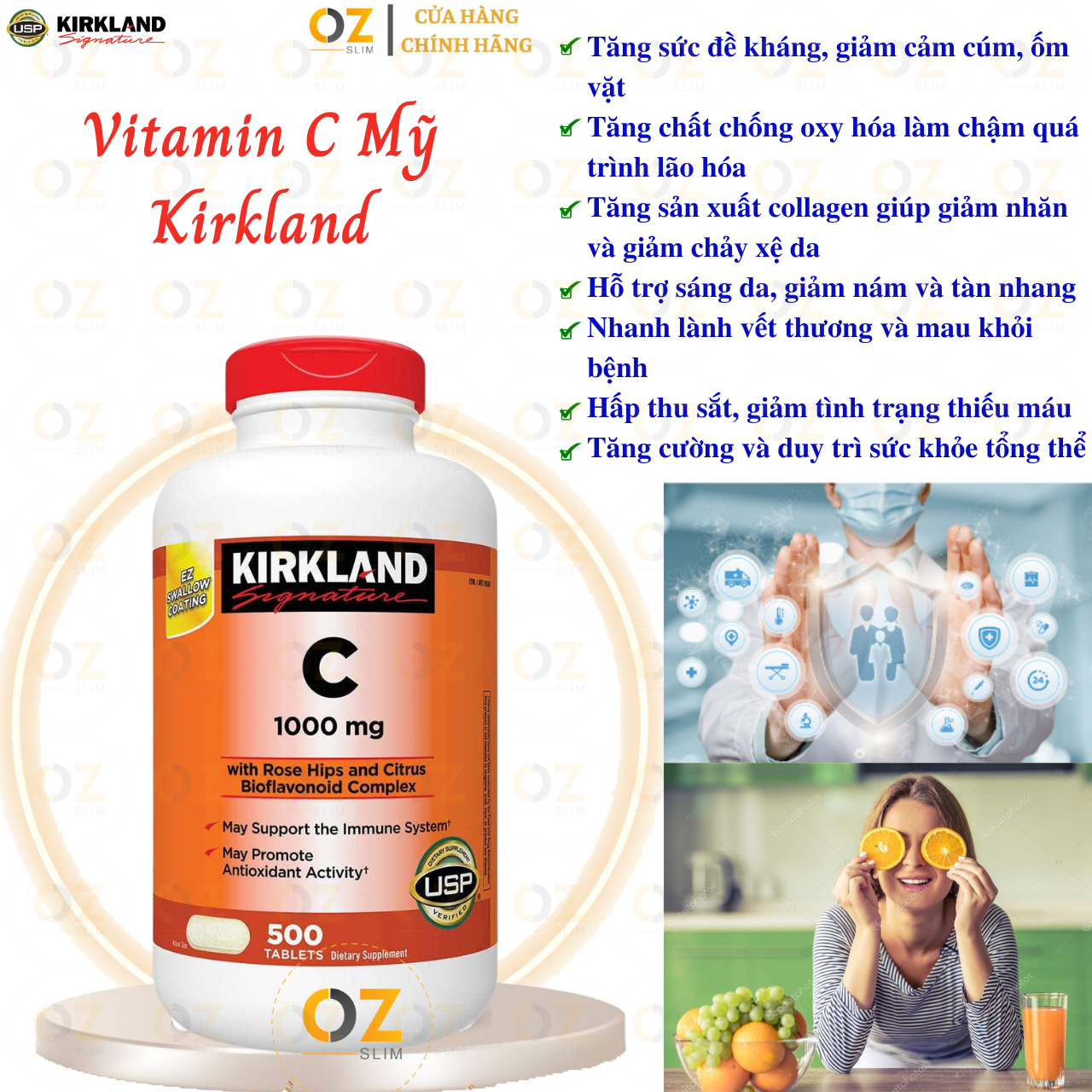 Vitamin C Kirkland Signature Mỹ tăng sức đề kháng, thức đẩy sẩn xuất collagen tự nhiên, sáng da, mờ thâm,nhanh lành bệnh - OZ Slim Store