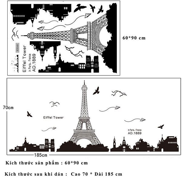 Decal dán tường thành phố Paris và tháp Eiffel xinh đẹp của nước pháp ZOOYOO KK049