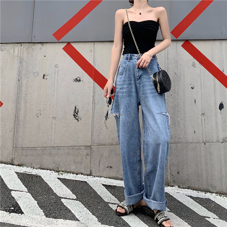 Quần jeans nữ cạp cao ống rộng rách đùi ulzzang, thời trang phong cách trẻ