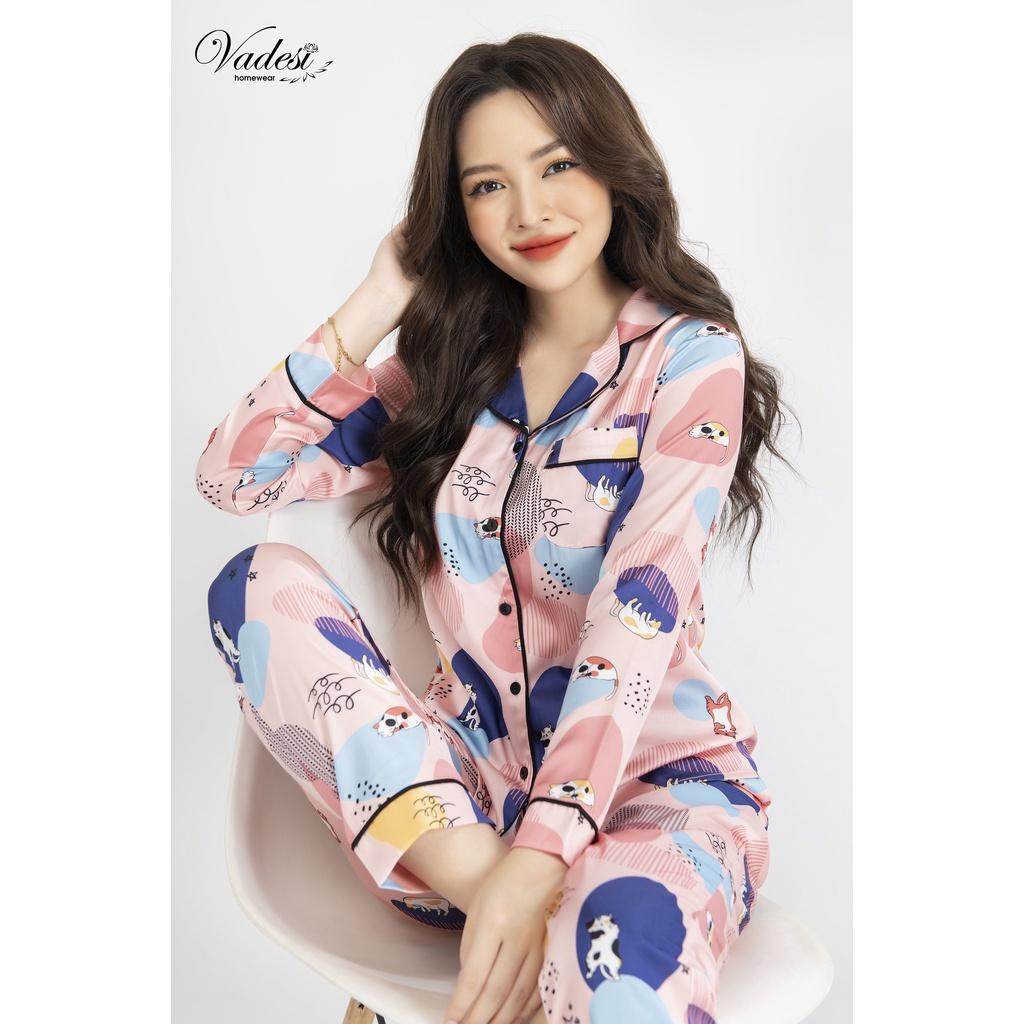 Bộ Đồ Ngủ Nữ Pijama Dài Tay Lụa Cao Cấp Họa Tiết Đẹp Chất Liệu Mát Mềm Mịn Thấm Hút Co Giãn Nhẹ Dáng Đẹp - VADESI