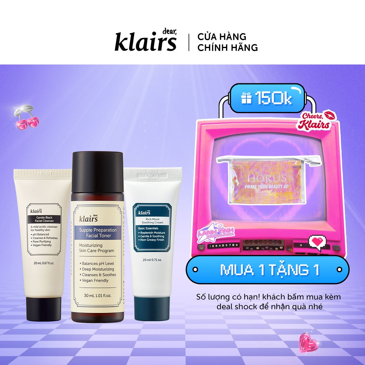 Combo Sữa rửa mặt Gentle Black Facial Cleanser 20ml+Kem dưỡng Rich Moist Soothing Cream 20g+Toner Klairs 30ml