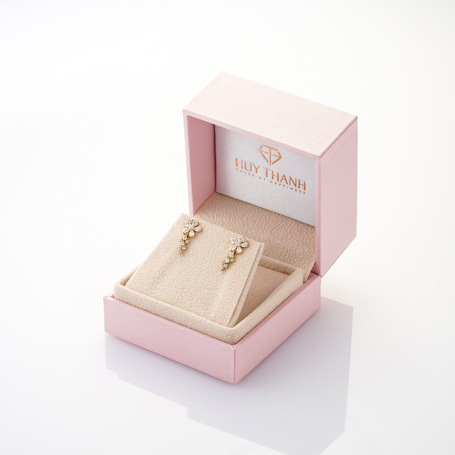 Bông Tai Nữ Vàng 14K Thiết Kế Họa Tiết Hình Hoa Rơi Đá CZ Cao Cấp Lấp Lánh BT371 Huy Thanh Jewelry