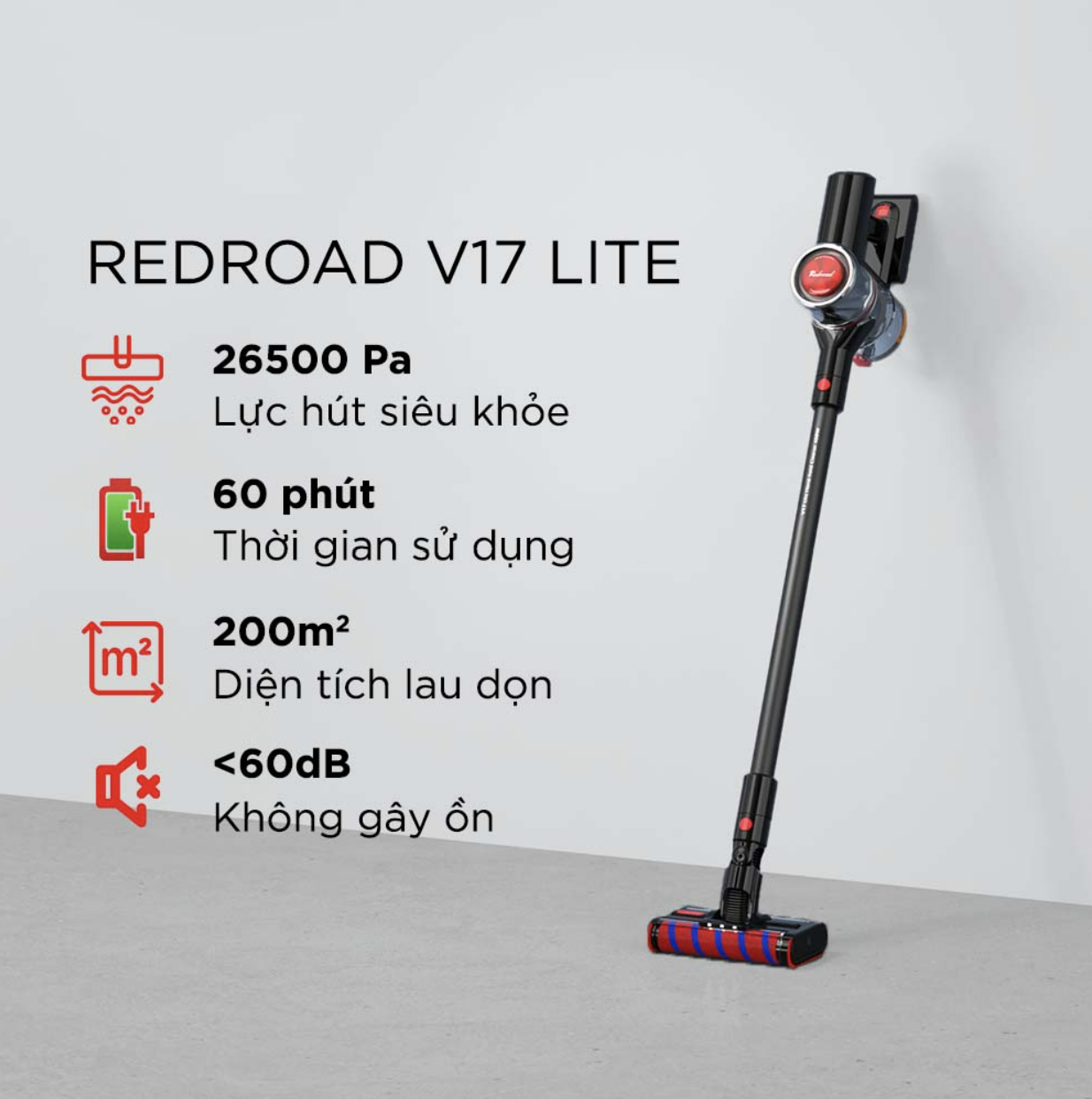 Máy Hút Bụi Cầm Tay REDROAD V17 LITE Cực Nhẹ, Lực Hút Mạnh 26500 Pa, Thời Gian Làm Việc 60 Phút, Diện Tích Hoạt Động 200m2, Công Suất 150W - Hàng Chính Hãng