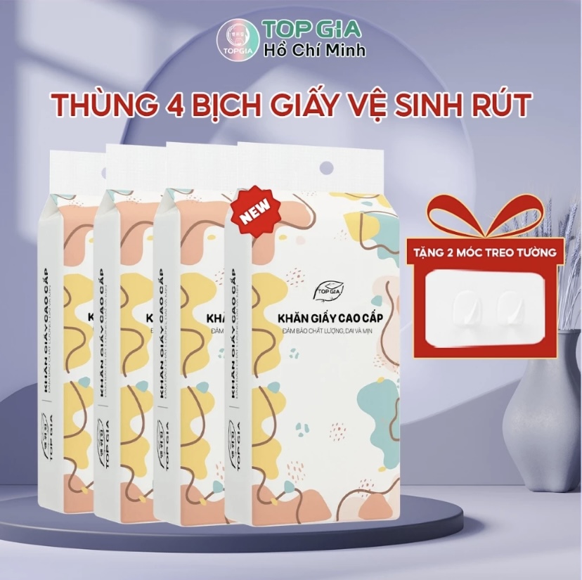 Giấy vệ sinh treo tường TopGia thùng 6 bịch đa sắc làm từ bột gỗ nguyên chất, 1280 tờ 4 lớp siêu dai cao cấp
