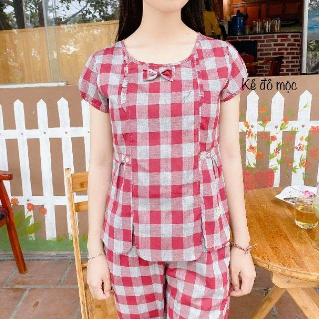 Quần áo mặc nhà kẻ xinh cổ nơ 4 màu ảnh thật