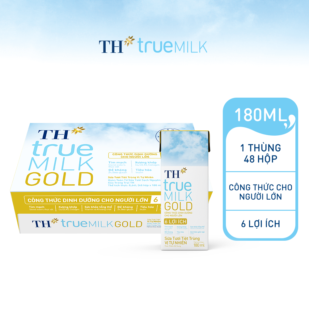 Thùng 48 hộp sữa tươi tiệt trùng vị tự nhiên TH true MILK GOLD dành cho người lớn tuổi 180 ml (180ml x 48)
