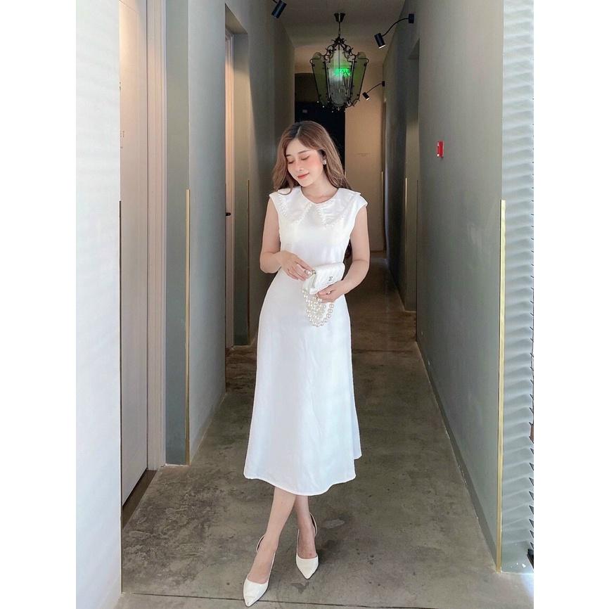 ĐẦM THIẾT KẾ DỰ TIỆC TRẮNG CỔ PHỐI RENG HỞ LƯNG - Hình Shop Chụp Thật