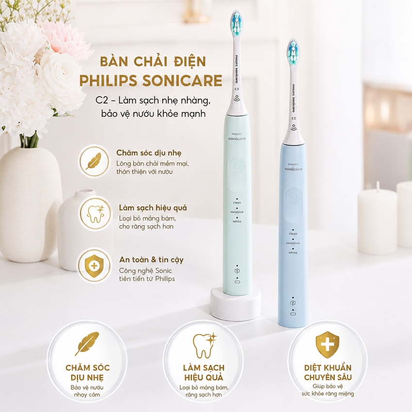 Bàn chải đánh răng điện rhương hiệu Hà Lan cao cấp Philips Sonicare Series 5200 HX3697 - 3 chế độ làm sạch - Hàng chính hãng