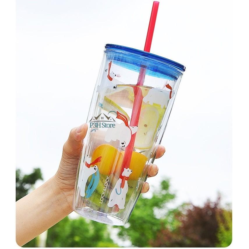 Ly nhựa 2 lớp 750ml Lock&Lock có ống hút HAP507 HAP509 HAP522