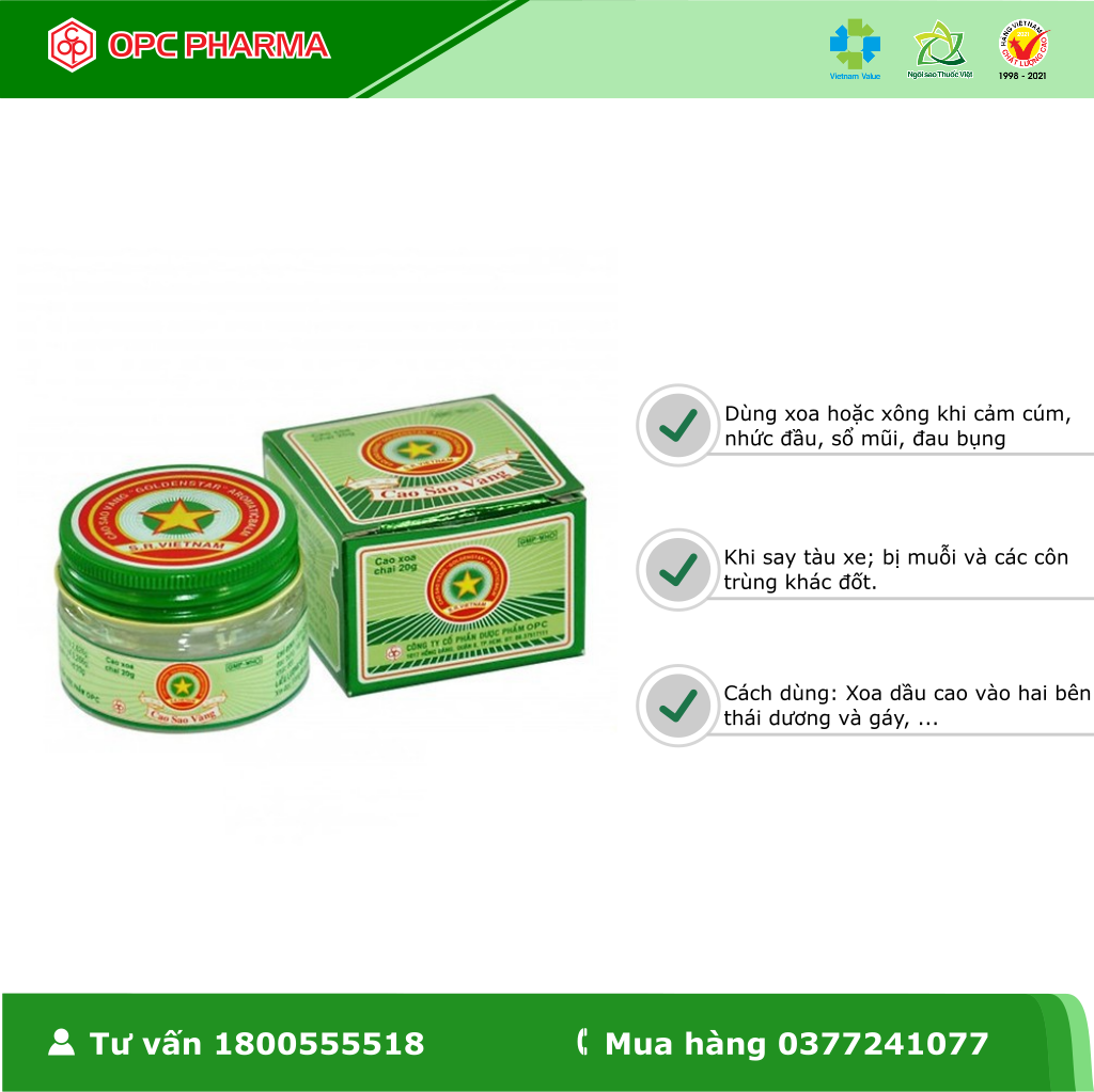 CAO SAO VÀNG -Dùng khi nhức đầu, sổ mũi, đau bụng, say tàu xe, côn trùng đốt - Hàng chính hãng OPC