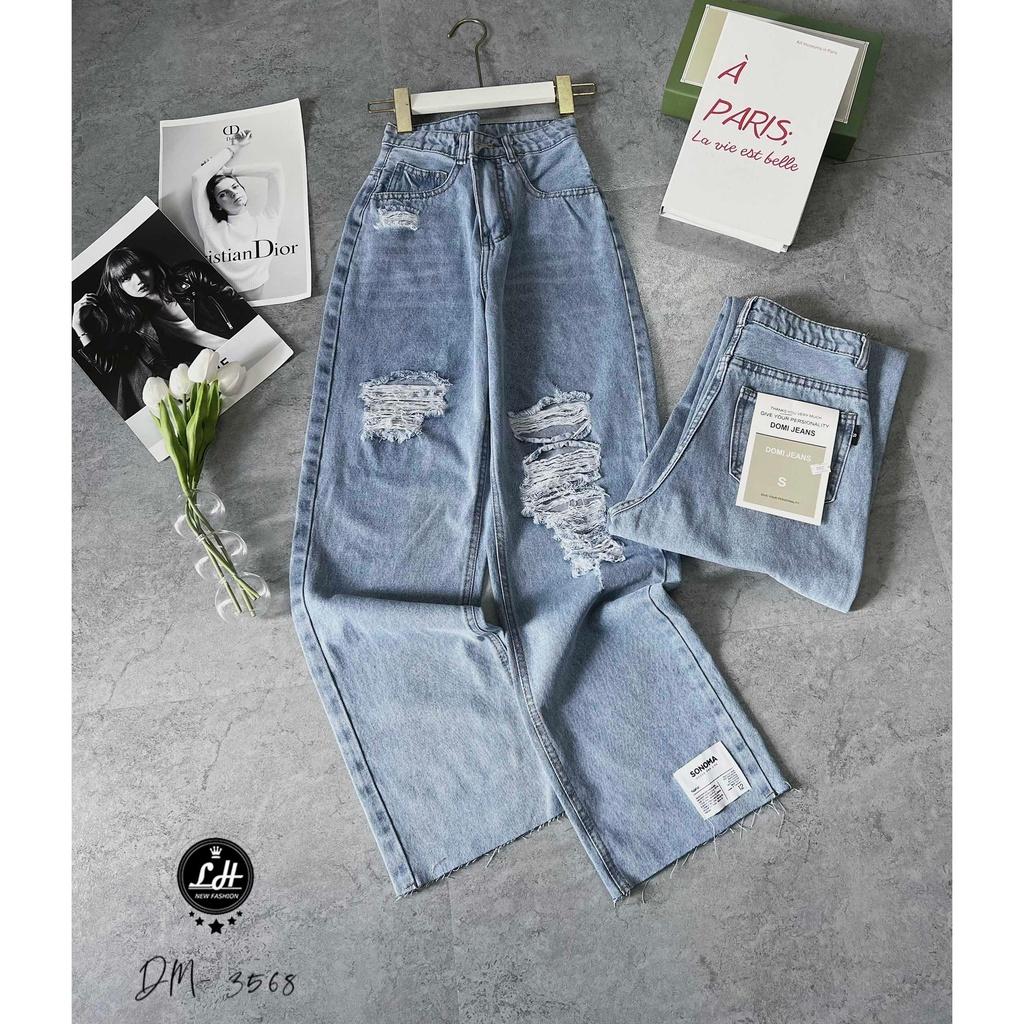 Quần jean nữ ống rộng, quần bò lưng cao màu xanh rách tua rua 2 gối xả lai có tag Lê Huy Fashion MS 3568