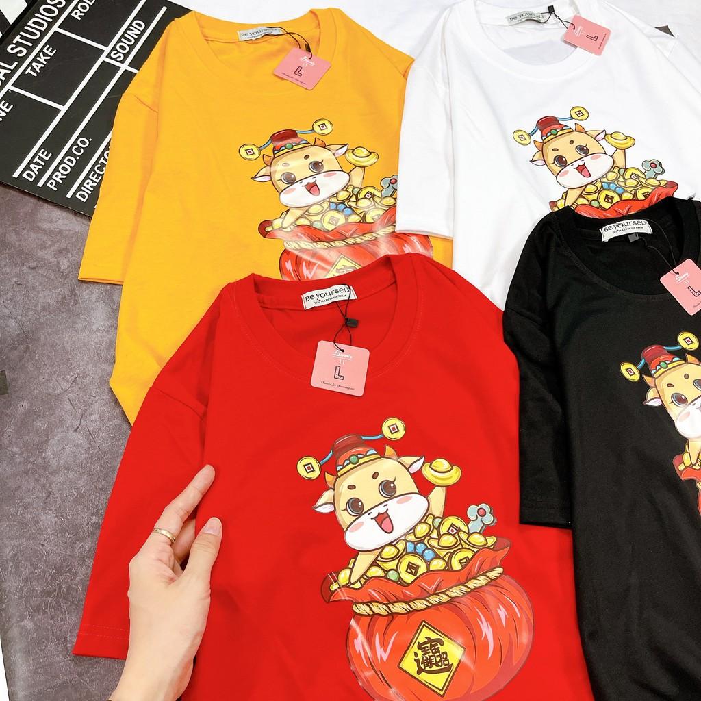 ÁO THUN TAY NGẮN TRÂU TẾT 2021 ÔM TÚI TIỀN NAM NỮ SIZE M L XL