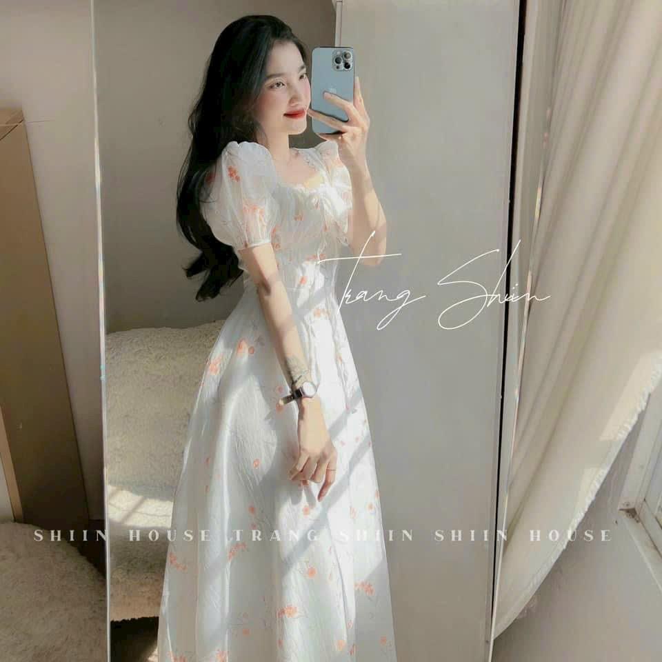 Đầm midi voan hoa phối ren nhún ngực tay phồng siêu xinh