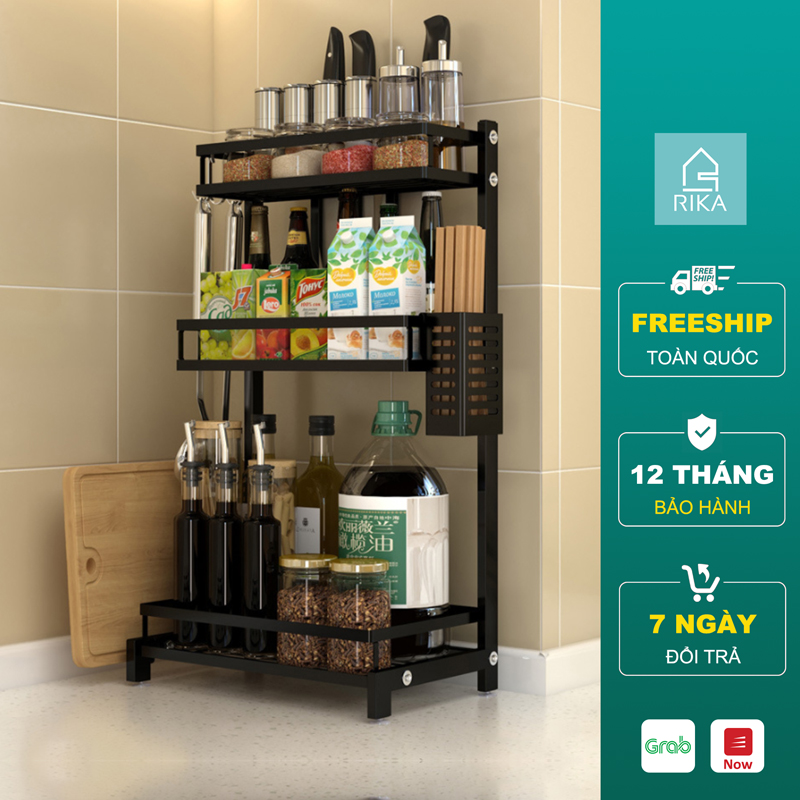 Kệ gia vị đa năng đăng thông minh nhà bếp RIKA KDN-05 thép carbon sơn đen tích điện 2 tầng 3 tầng kèm ống để giao thớt ống đũa