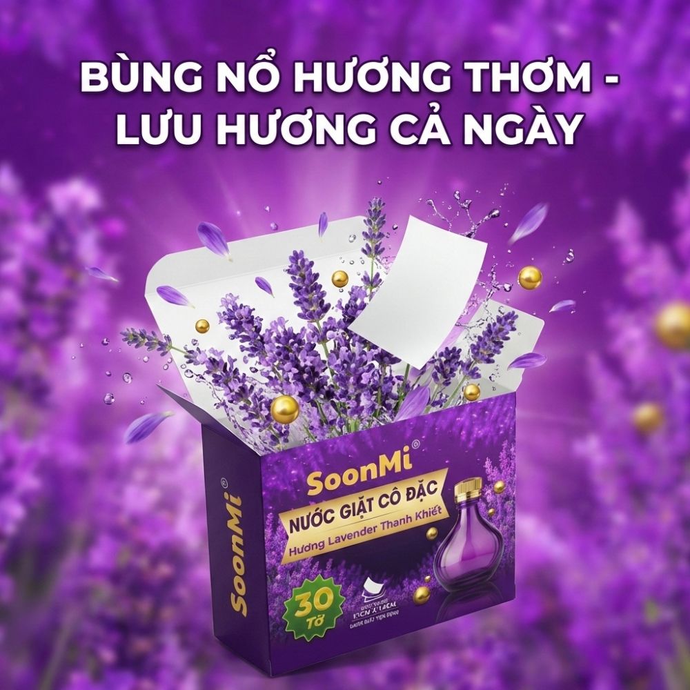 Nước Giặt Cô Đặc SoonMi Hương Lavender - Công Nghệ Giặt Tẩy Thế Hệ Mới (Hộp 30 Tờ) - hàng chính hãng