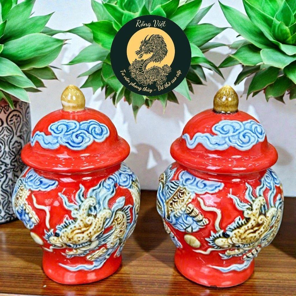 Chóe Thờ men đỏ đắp nổi RỒNG VIỆT, Hũ Đựng Muối Gạo Chiêu Tài, Gốm sứ Bát Tràng cao cấp