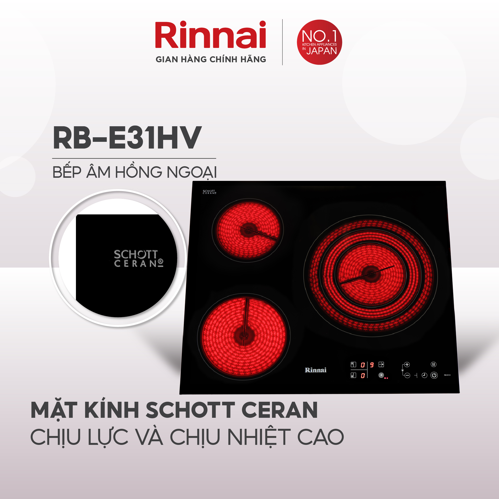 Bếp hồng ngoại Rinnai RB-E31HV mặt kính Schott 5200W - Hàng chính hãng.