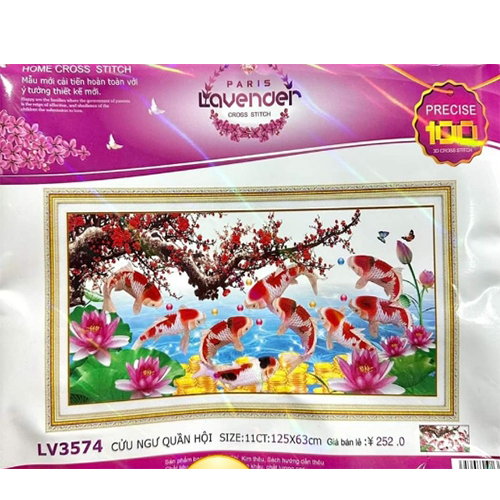 Tranh thêu chữ thập cửu ngư quần hội LV3574 - kích thước 125 * 63