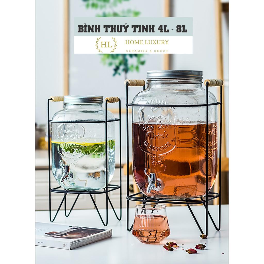 Bình thuỷ tinh 4L - 8L có vòi khung thép | Bình buffet thuỷ tinh đựng nước, rượu hoa quả 4L, 8L Decor