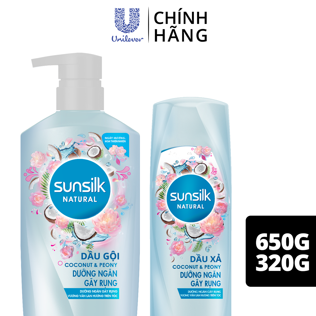 Dầu gội xả Sunsilk Dưỡng Ngăn Gãy Rụng 650gr, 320gr dành cho tóc gãy rụng với dưỡng chất thiên nhiên nước dừa &amp; hoa mẫu đơn